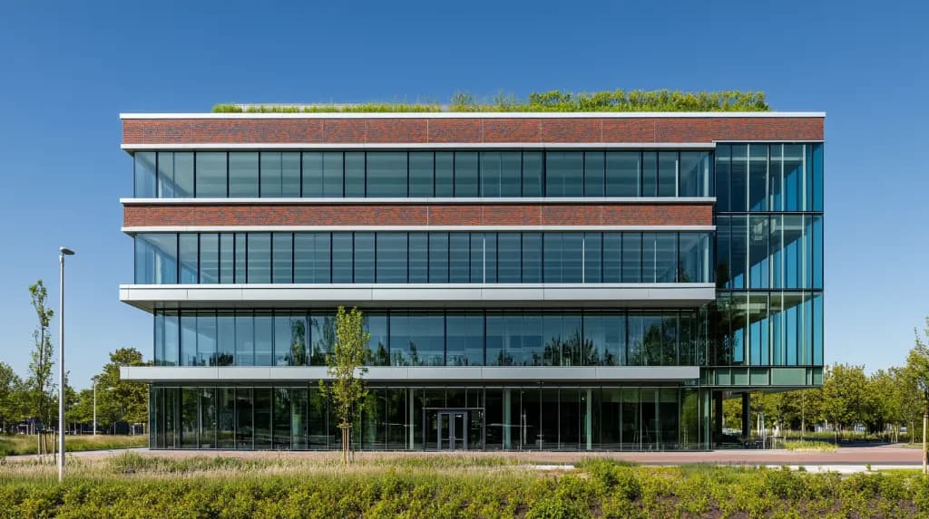 Modern bedrijfspand met glazen gevel en groen dak