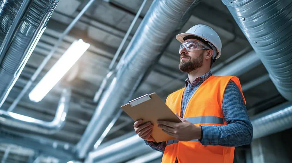 Energieadviseur inspecteert HVAC-systeem in bedrijfspand