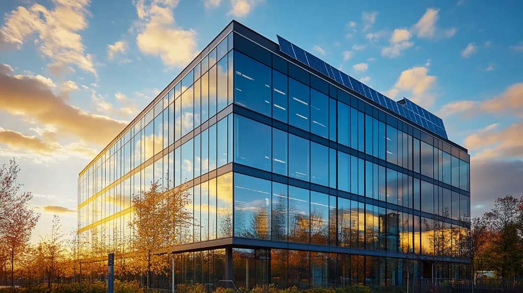 Modern kantoorgebouw met glazen gevel en zonnepanelen