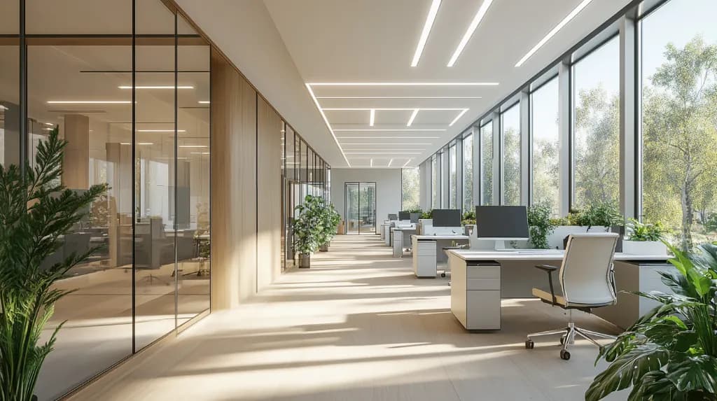 Energiezuinig kantoorinterieur met LED-verlichting en veel daglicht